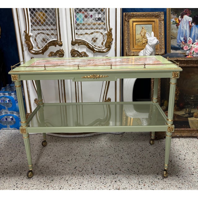 1940s Louis XVI Style Cypress Wood Serving Cart With Marble Inlay and Gilt Details For Sale - Image 9 of 11