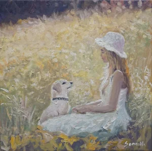 Sean Wu Original Oil Painting, Girl and Her Dog