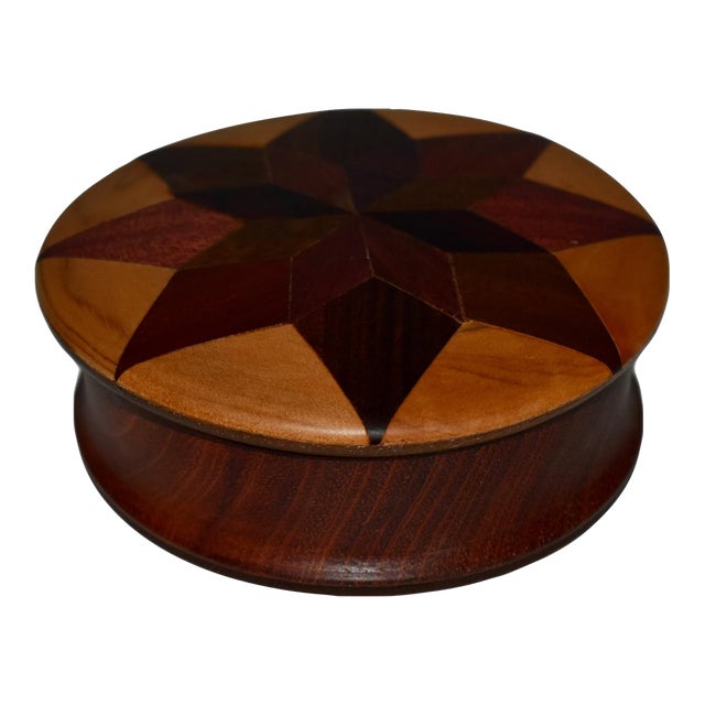 Vintage Star Inlay Round Wood Box For Sale