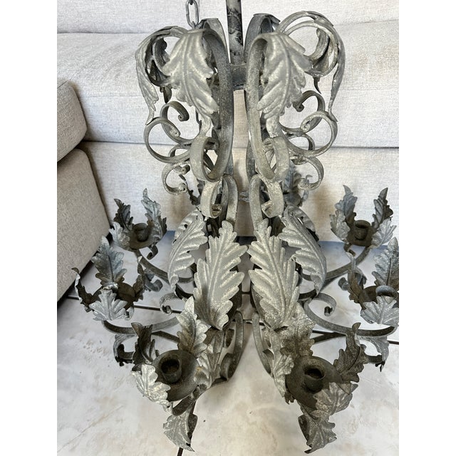 1960s Vintage Patina Wrought Iron Tole Leaf 8 Candle Chandelier 30" Heavy French Style For Sale - Image 5 of 13