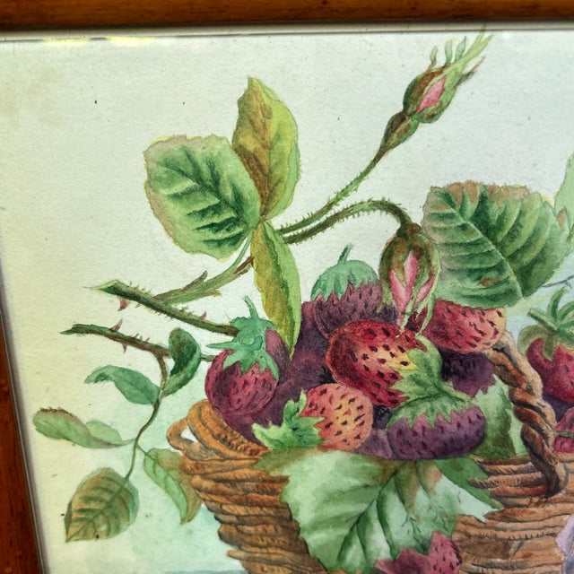 English Late 19th Century Vintage Watercolor of Basket Filled With Flowers and Strawberries, Framed For Sale - Image 3 of 6