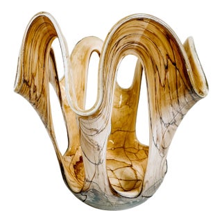 Vintage Handmade Marbled Pulled Glass Decorative Bowl in the Style of Jozefina Krosno of Poland For Sale
