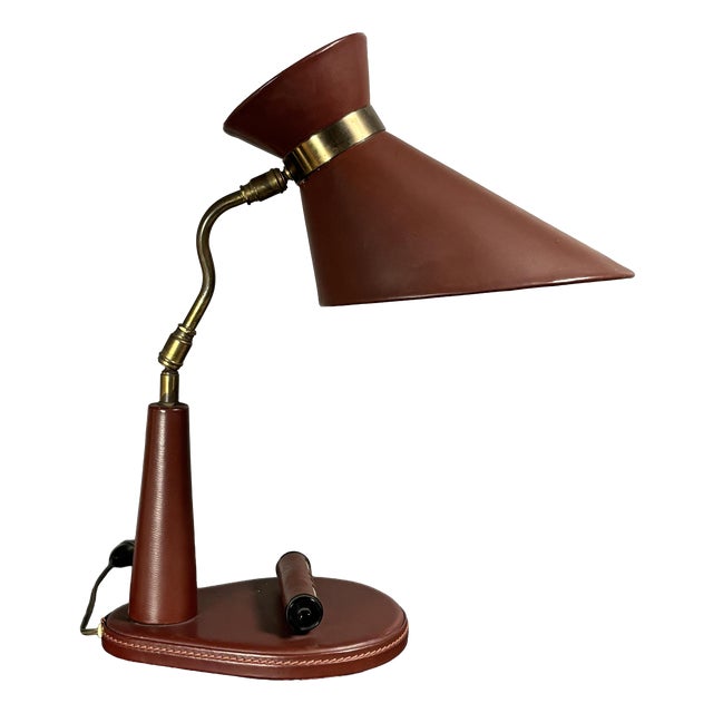Mid-Century French Red Leather Wrapped Desk Lamp attributed to Jacques Adnet, 1950s For Sale