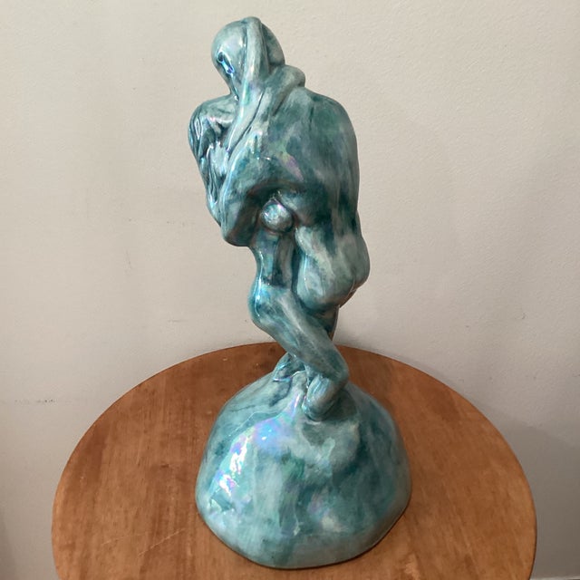 1990s Vintage Art Deco Inspired Ceramic Iridescent Glazed Sculpture" Embracing Couple" Signed Dated For Sale - Image 5 of 12