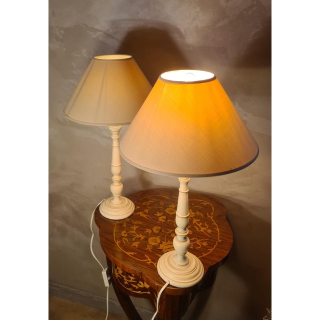 Cream Turned Wood Bedside Lamps, 1990s, Set of 2 For Sale - Image 6 of 8