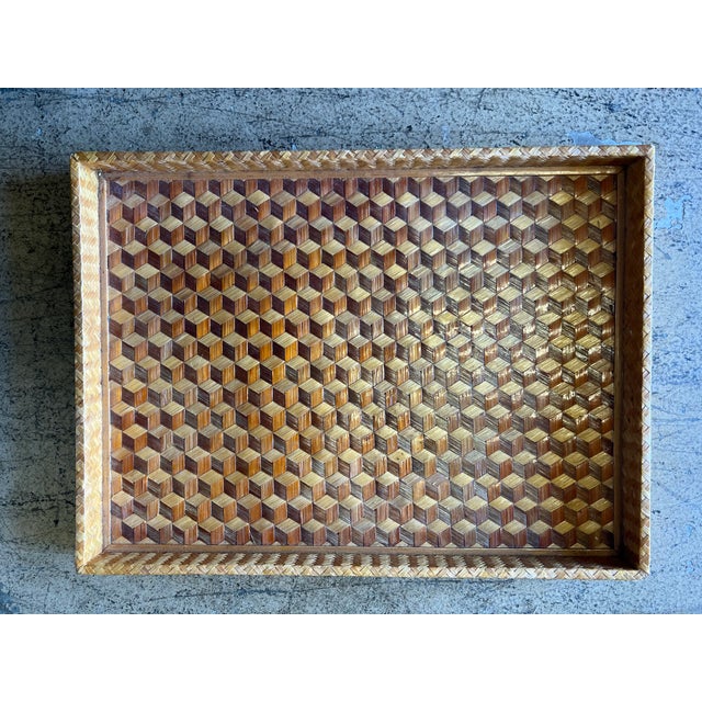1970s Vintage Bamboo Trompe -L-Oeil Cubist Pattern Serving Tray For Sale - Image 5 of 7