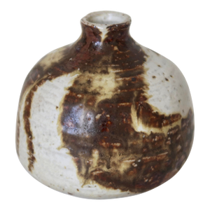 Wabi Sabi Studio Pottery Sculptural Rounded Bud Vase With Strokes of Mottled Brown & Ivory Drip Glaze