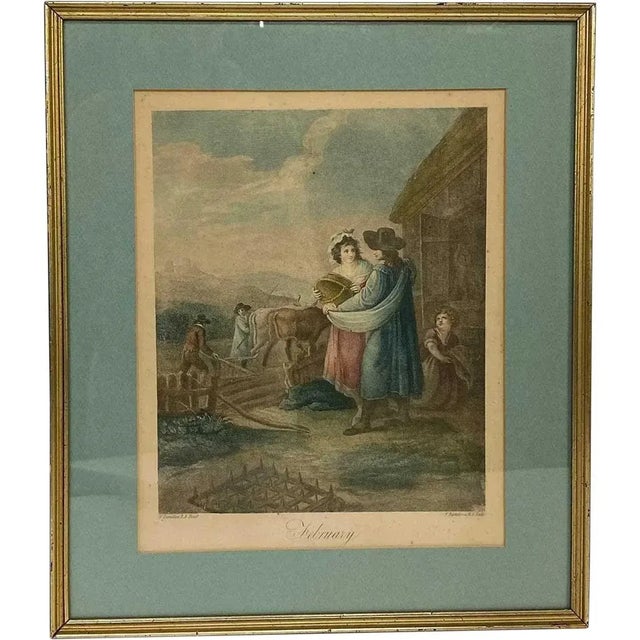 DETAILS Set of two antique colored engravings from the Months calendar series after original works by William Osborne...