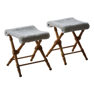 Mid-Century Modern Danish Folding Stools with Sheepskin Upholstery, 1960s, Set of 2 For Sale