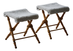 Mid-Century Modern Danish Folding Stools with Sheepskin Upholstery, 1960s, Set of 2
