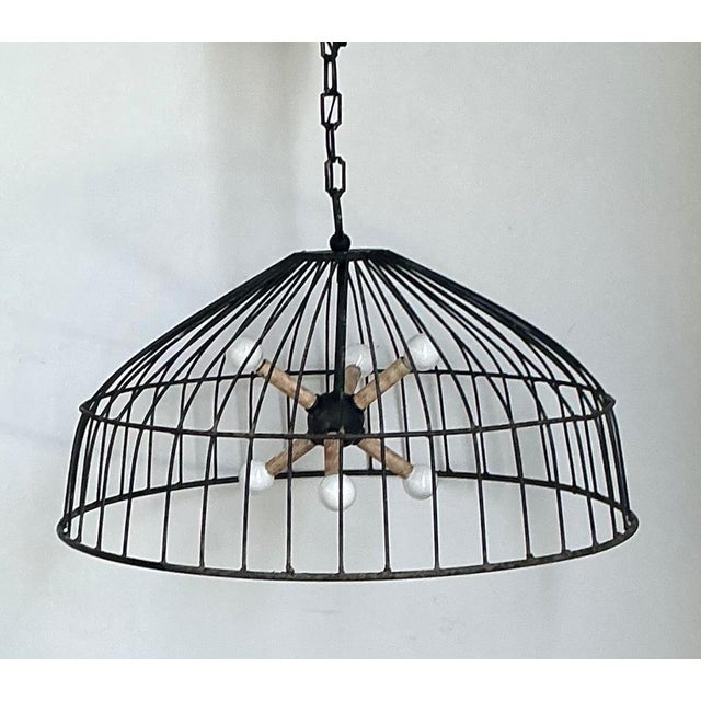 Wood Vintage Monumental Industrial Metal Cage Pendant Light For Sale - Image 7 of 13