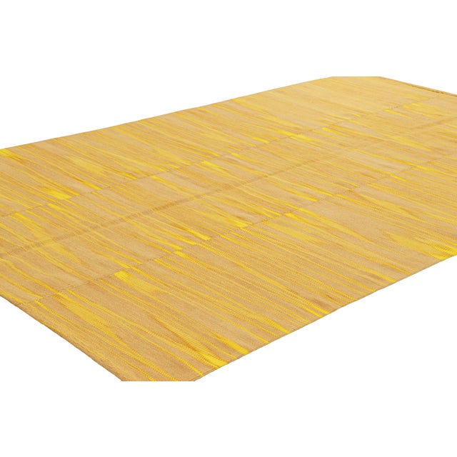Rug & Kilim Rug & Kilim’s Contemporary Kilim in Yellow and Beige-Brown Stripes and Geometry For Sale - Image 4 of 7