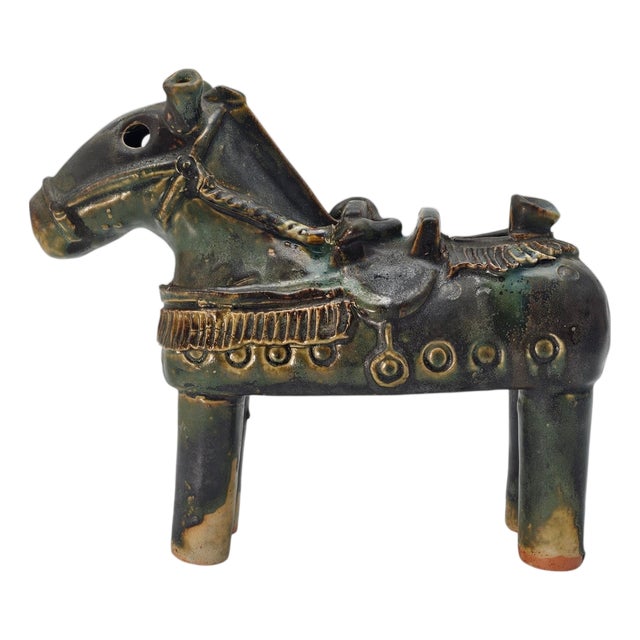 Chinese Sancai Style Drip Glaze Ceramic Horse Figure Ocarina 10.5" For Sale