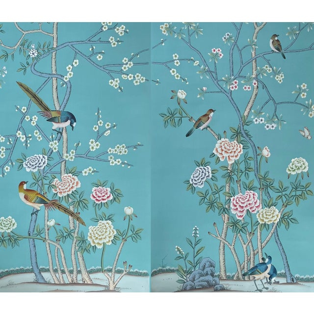 Chinoiserie Style Hand-Painted Wallpaper, Turquoise Floral & Bird Mural, Wall Panels for Living Spaces For Sale - Image 9 of 9