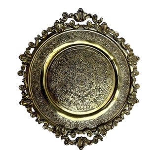 Vintage Ornate Brass Footed Gallery Tray Rococo Floral Scrollwork 11.5" For Sale