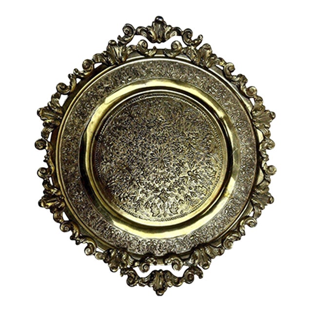 Vintage Ornate Brass Footed Gallery Tray Rococo Floral Scrollwork 11.5" For Sale