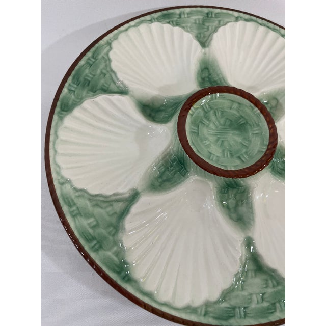 Ceramic 1930s French Longchamp Green and White Majolica Oyster Plate For Sale - Image 7 of 14