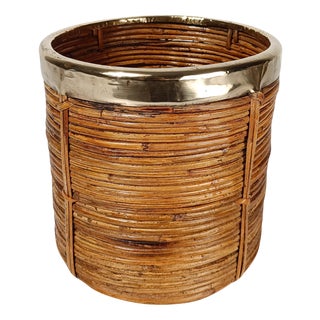 Italian Cachepot Basket in Hand-Woven Pencil Reed Rattan and Brass, 1970s For Sale