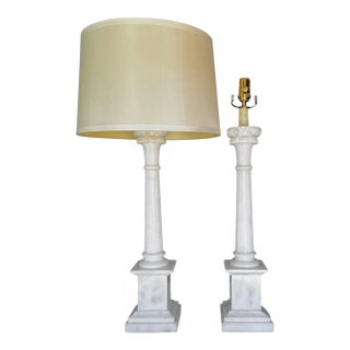 1960s Tall Italian Column Neoclassic Alabaster Table Lamps - a Pair For Sale