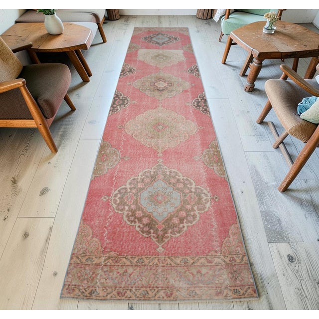 Mid-Century Modern 3x12 Vintage Oushak Runner Rug Coral Pink Hallway Runner Authentic Turkish Rug For Sale - Image 3 of 13