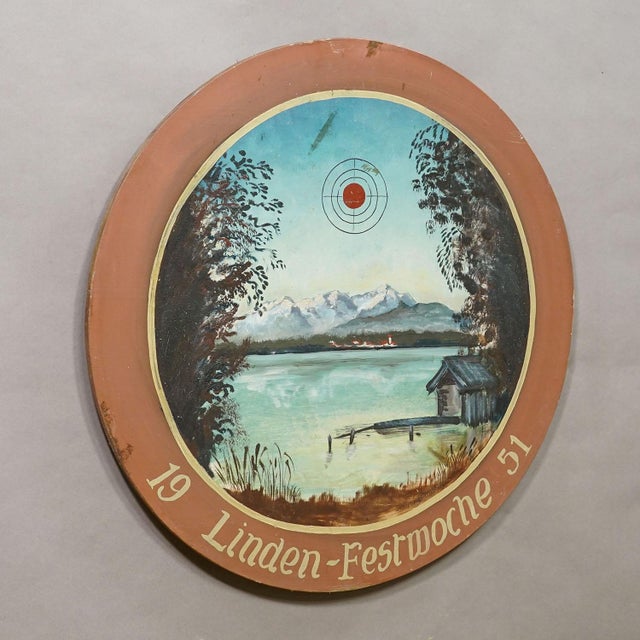 Vintage Honor Shooting Target with Landscape and Lake Painting, Germany 1951 Item e8154 A large vintage wooden shooting...