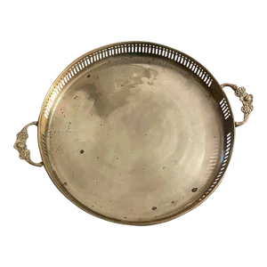 Vintage Round Brass Tray With Floral Carved Handles