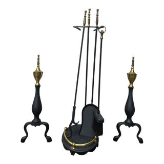 Vintage Federal Style Fireplace Andirons & 4 Pc Tool Set Cast Iron Brass For Sale