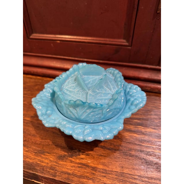 Gorgeous vintage lidded robins-egg blue opaline glass lidded cabbage bowl. Marked Portieux France. In great condition- no...