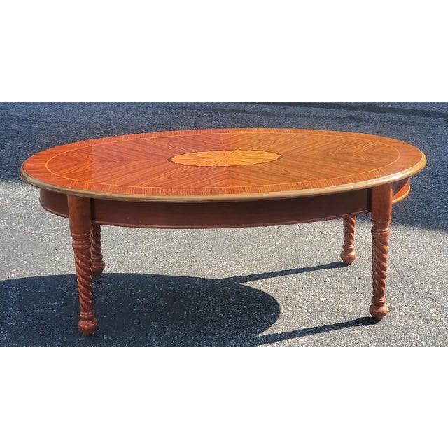 Brown Late 20th Century Bookmatched Mahogany and Satinwood Inlaid Style Coffee Table For Sale - Image 8 of 9