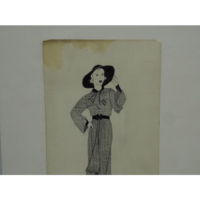 1930s Mid Century Modern Fashion Sketch Drawing Matching Hat