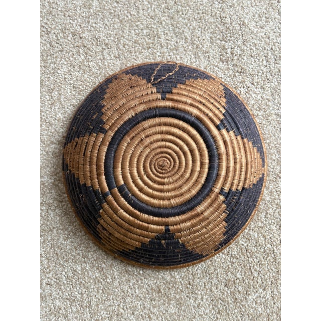 African 1990s Beautiful Round Hand-Made African Woven Basket Blue and Brown For Sale - Image 3 of 3