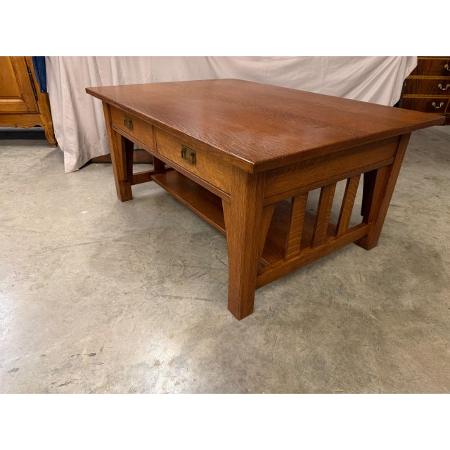 Brass American Mission Quarter-Sawn Oak Coffee Table With Two Drawers and Lower Shelf, Circa 1890–1910 For Sale - Image 8 of 17