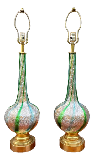 1960s Mid-Century Italian Murano Aventurine Art Glass Table Lamps With Emerald Green Trailing - a Pair