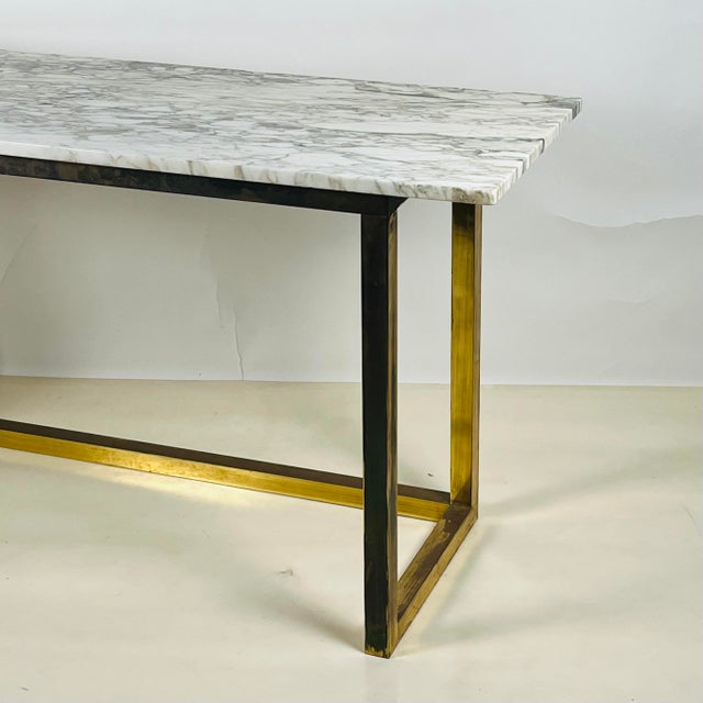 Chic Minimalist Patinated Brass and Marble Console or Library Table For Sale In Los Angeles - Image 6 of 11