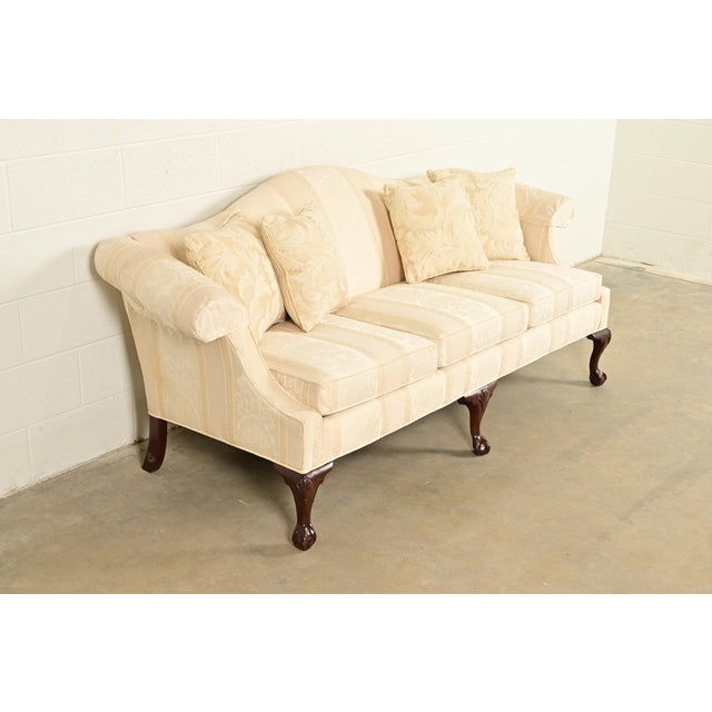 Ethan Allen Ethan Allen Chippendale Carved Mahogany Upholstered Camelback Sofa For Sale - Image 4 of 13