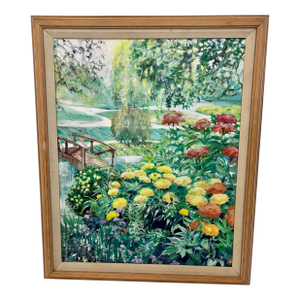 Vintage Acrylic on Canvas Painting of Flowers & Trees by a Bridge Over a Small Brook