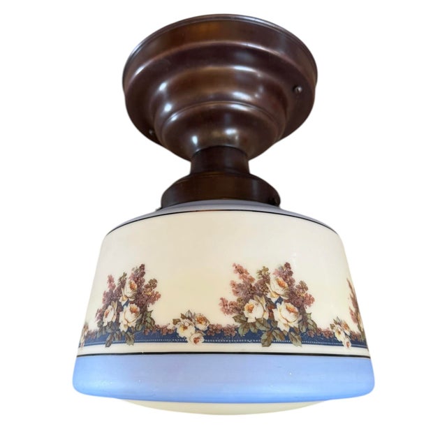 1920s Circa 1920’s Stamped Beardsley Cornflower Blue Ceiling Light With Flowers For Sale - Image 5 of 6