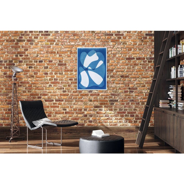 2020s Mid-Century Modern Shapes, Handmade Cyanotype on Watercolor Paper in White and Blue Print, 2024 For Sale - Image 5 of 7