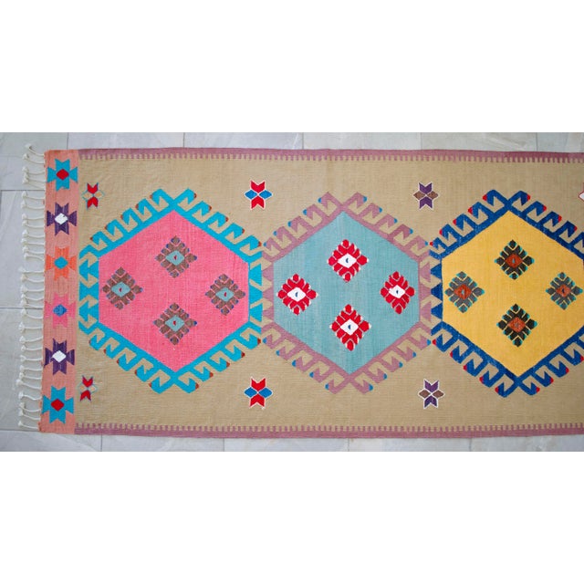 Handmade Silk Flatweave Turkish Kilim Stair Runner Rug Gallery Runner - 3′1″ X 25′2″ For Sale - Image 12 of 17