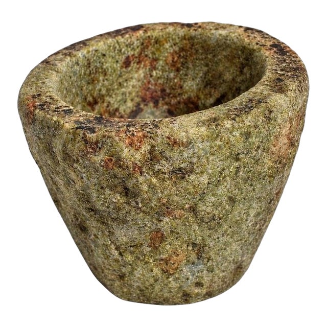 18th Century Granite Stone Bowl Olive Green Mortar Planter 5 Lb For Sale