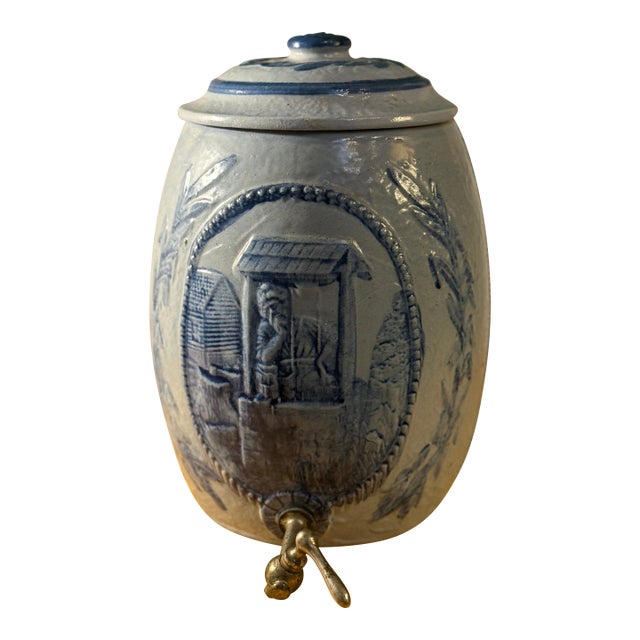 Antique Blue Salt Glazed Stoneware Water Crock With Scene For Sale