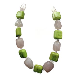 Gemstone Necklace Rose Quartz and Green Turquoise Beads For Sale
