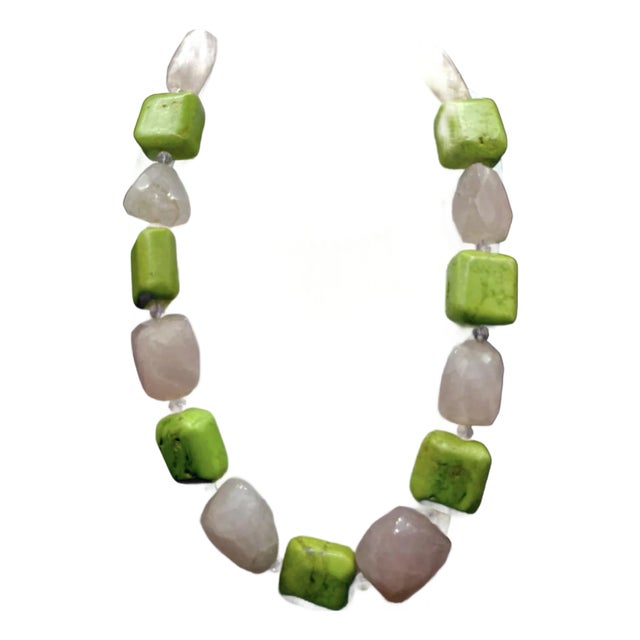 Gemstone Necklace Rose Quartz and Green Turquoise Beads For Sale