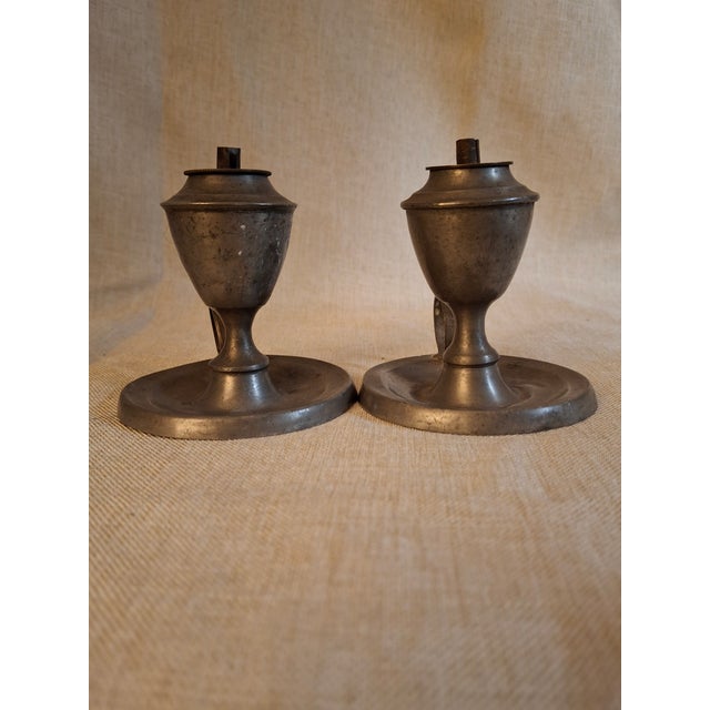 Mid 19th Century Pair Antique Pewter Whale Oil Finger Lamps Single Tube Drop Burners C. 1830-1850 For Sale - Image 5 of 18