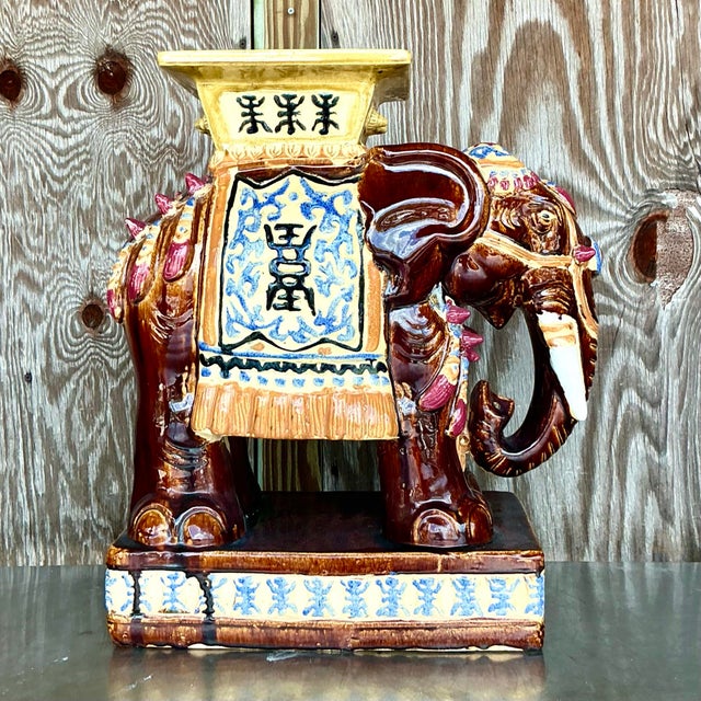Ceramic Vintage Boho Glazed Ceramic Elephant Low Stools - a Pair For Sale - Image 7 of 12