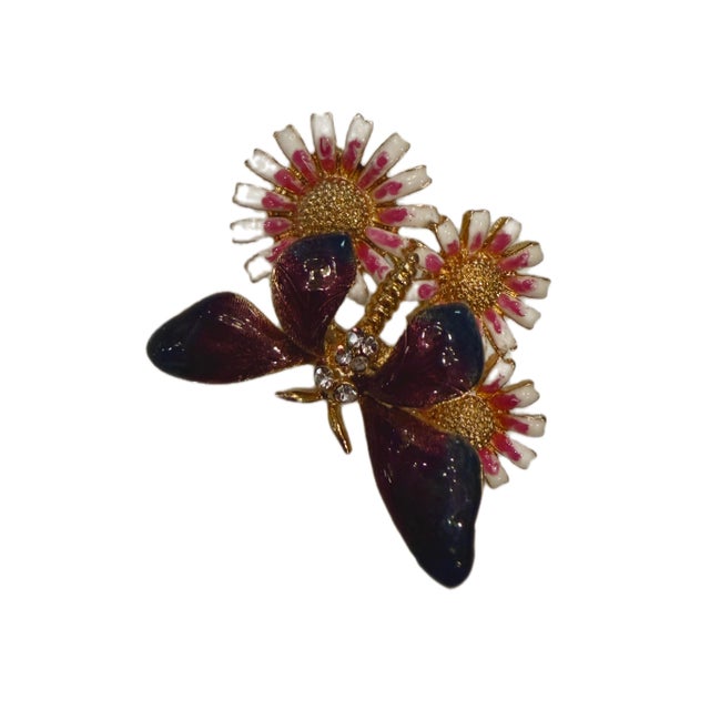 Vintage 1960's Kenneth J. Lane Enamel and Crystal Trembler Butterfly on Daisies Brooch For Sale In Savannah - Image 6 of 9