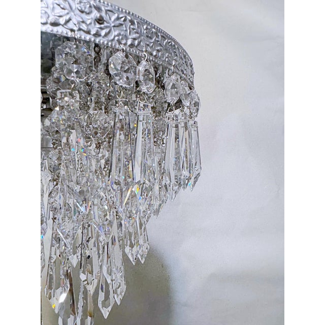 Silver Vintage Crystal Upside Down Waterfall Chandelier With Ornate Silver-Tone Rim For Sale - Image 8 of 10