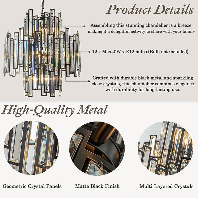 Mid-Century Modern Aloadecor 12-Light 23" Wide Modern and Contemporary Luxury Black Metal With Clear Crystal Chandelier For Sale - Image 3 of 6