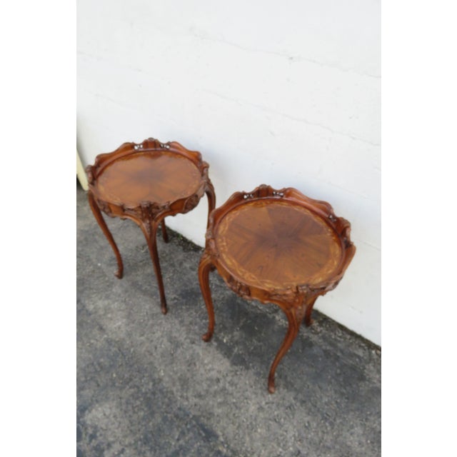 French Early 1900s Carved Inlay Round Side End Tables a Pair 6139 For Sale - Image 15 of 17