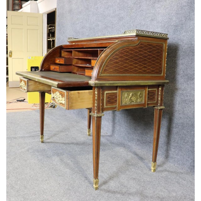 Louis XVI 19th C. Bronze Mounted Figural Marqetry Inlaid Roll Top Desk For Sale - Image 9 of 17